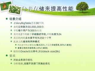 分表存储来提高性能场景介绍表VeryBigTable含有30个列表的记录数为50,000,000条平均每个用户为300条左右其中有2个列属于详细描述字段,平均长度为2k其它的列的总长度平均为250个字节此表上的查询有两种模式列出表中的主要信息(每次20条,不包含详细信息,90%的查询)查看记录的详细信息(10%的查询)保存在Oracle数据库中,默认block size(8k)要求对此业务进行优化分析数据,说服开发部门实施此优化