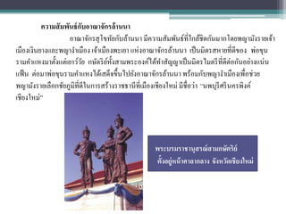 ความสั มพันธ์ กบอาณาจักรล้ านนา
                         ั
                    อาณาจักรสุ โขทัยกับล้านนา มีความสัมพันธ์ท่ีใกล้ชิดกันมากโดยพญามังรายเจ้า
เมืองเงินยางและพญางาเมือง เจ้าเมืองพะเยา แห่งอาณาจักรล้านนา เป็ นมิตรสหายที่ดีของ พ่อขุน
รามคาแหงมาตั้งแต่เยาว์วย กษัตริ ยท้ งสามพระองค์ได้ทาสัญญาเป็ นมิตรไมตรี ที่ดีต่อกันอย่างแน่น
                           ั     ์ ั
แฟ้ น ต่อมาพ่อขุนรามคาแหงได้เสด็จขึ้นไปยังอาณาจักรล้านนา พร้อมกับพญางาเมืองเพื่อช่วย
พญามังรายเลือกชัยภูมิที่ดีในการสร้างราชธานีที่เมืองเชียงใหม่ มีชื่อว่า “นพบุรีศรี นครพิงค์
เชียงใหม่”




                                                 พระบรมราชานุสรณ์ สามกษัตริย์
                                                  ตั้งอยู่หน้ าศาลากลาง จังหวัดเชียงใหม่
 
