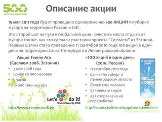 Описание акции15 мая 2011 года будет проведено одновременно 500 АКЦИЙ по уборке мусора на территории России и СНГ. Это второй шаг на пути к глобальной цели - очистить места отдыха от мусора так же, как это сделали участники проекта "Сделаем" из Эстонии. Первым шагом стало проведение 11 сентября 2010 года 100 акций в один день на территории Санкт-Петербурга и Ленинградской области«100 акций в один день» (2010. Россия)Акция TeemeAra(Сделаем 2008. Эстония)3 мая 2008 года