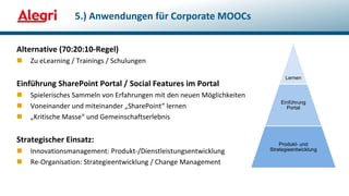 Alternative (70:20:10-Regel)
 Zu eLearning / Trainings / Schulungen
Einführung SharePoint Portal / Social Features im Portal
 Spielerisches Sammeln von Erfahrungen mit den neuen Möglichkeiten
 Voneinander und miteinander „SharePoint“ lernen
 „Kritische Masse“ und Gemeinschaftserlebnis
Strategischer Einsatz:
 Innovationsmanagement: Produkt-/Dienstleistungsentwicklung
 Re-Organisation: Strategieentwicklung / Change Management
5.) Anwendungen für Corporate MOOCs
Lernen
Einführung
Portal
Produkt- und
Strategieentwicklung
 
