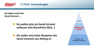 Sie haben noch kein
Social Intranet …
7.) Fazit: Anwendungen
Lernen
Einführung
Portal
Produkt- und
Strategieentwicklung
 Sie wollen jetzt ein Social Intranet
aufbauen (mit SharePoint 2013…)
 Sie wollen eine hohe Akzeptanz des
Social Intranets von Anfang an
 