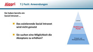 Sie haben bereits ein
Social Intranet …
7.) Fazit: Anwendungen
Lernen
Einführung
Portal
Produkt- und
Strategieentwicklung
 Das existierende Social Intranet
wird nicht genutzt
 Sie suchen eine Möglichkeit die
Akzeptanz zu erhöhen?
 
