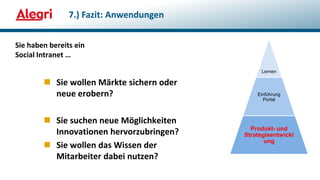 Sie haben bereits ein
Social Intranet …
7.) Fazit: Anwendungen
Lernen
Einführung
Portal
Produkt- und
Strategieentwickl
ung
 Sie wollen Märkte sichern oder
neue erobern?
 Sie suchen neue Möglichkeiten
Innovationen hervorzubringen?
 Sie wollen das Wissen der
Mitarbeiter dabei nutzen?
 