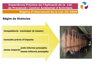EXPOQUÍMICA
Règim de llicències
Competència municipal (6 mesos)
Consulta prèvia d’impacte
sense impacte
amb informe preceptiu
sense informe preceptiu
Experiència Pràctica de l’Aplicació de la Llei
de Prevenció i Control Ambiental d’Activitats
Règims d’intervenció de la Llei 20/2009
 