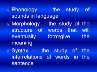  Phonology – the study of 
sounds in language 
 Morphology – the study of the 
structure of words that will 
eventually form/give the 
meaning 
 Syntax – the study of the 
interrelations of words in the 
sentence 
 