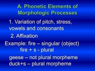 1. Variation of pitch, stress, 
vowels and consonants 
2. Affixation 
Example: fire – singular (object) 
fire + s - plural 
geese – not plural morpheme 
duck+s – plural morpheme 
 