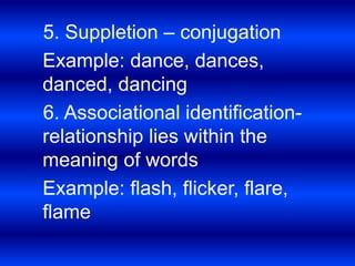5. Suppletion – conjugation 
Example: dance, dances, 
danced, dancing 
6. Associational identification-relationship 
lies within the 
meaning of words 
Example: flash, flicker, flare, 
flame 
 