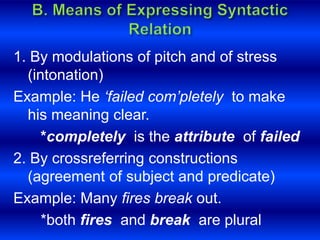 1. By modulations of pitch and of stress 
(intonation) 
Example: He ‘failed com’pletely to make 
his meaning clear. 
*completely is the attribute of failed 
2. By crossreferring constructions 
(agreement of subject and predicate) 
Example: Many fires break out. 
*both fires and break are plural 
 