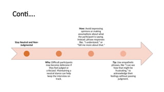Conti….
Stay Neutral and Non-
Judgmental
Why: Difficult participants
may become defensive if
they feel judged or
criticized. Maintaining a
neutral stance can help
keep the interview on
track.
How: Avoid expressing
opinions or making
assumptions about what
the participant is saying.
Instead, phrase responses
like, "I understand," or
"Tell me more about that."
Tip: Use empathetic
phrases, like “I can see
how that might be
frustrating,” to
acknowledge their
feelings without passing
judgment.
 