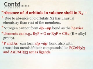 *Absence of d orbitals in valence shell in N2 --
* Due to absence of d orbitals N2 has unusual
chemistry than rest of the members.
*Nitrogen cannot form dp –pp bond as the heavier
*elements can e.g., R3P = O or R3P = CH2 (R = alkyl
group).
*P and As can form dp –dp bond also with
transition metals if their compounds like P(C2H5)3
and As(C6H5)3 act as ligands.
 