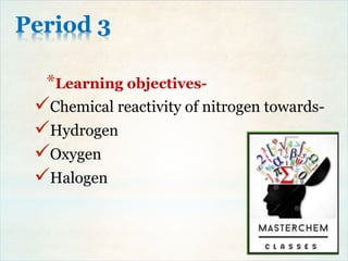 Period 3
*Learning objectives-
Chemical reactivity of nitrogen towards-
Hydrogen
Oxygen
Halogen
 