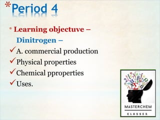*Period 4
* Learning objectuve –
Dinitrogen –
A. commercial production
Physical properties
Chemical pproperties
Uses.
 