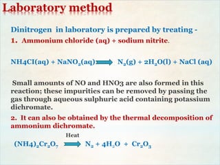 Laboratory method
Dinitrogen in laboratory is prepared by treating -
1. Ammonium chloride (aq) + sodium nitrite.
NH4CI(aq) + NaNO2(aq) N2(g) + 2H2O(l) + NaCl (aq)
Small amounts of NO and HNO3 are also formed in this
reaction; these impurities can be removed by passing the
gas through aqueous sulphuric acid containing potassium
dichromate.
2. It can also be obtained by the thermal decomposition of
ammonium dichromate.
Heat
(NH4)2Cr2O7 N2 + 4H2O + Cr2O3
 