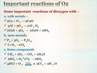 Some important reactions of dioxygen with –
a. with metals –
2Ca + O 2 → 2CaO
 4Al + 3O 2 → 2Al 2 O3
2ZnS + 3O2 → 2ZnO + 2SO2
b. non-metals
P4 + 5O2 → P4O10
 C+O2 →CO2
c. Some compounds
 CH4 + 2O2 → CO2 + 2H2O
 2SO2 + O2
V2O5 → 2SO3
4HCl + O 2
CuCl 2 2Cl 2 + 2H 2 O
 