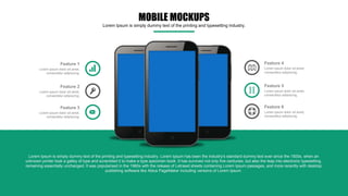 Lorem Ipsum is simply dummy text of the printing and typesetting industry. Lorem Ipsum has been the industry's standard dummy text ever since the 1500s, when an
unknown printer took a galley of type and scrambled it to make a type specimen book. It has survived not only five centuries, but also the leap into electronic typesetting,
remaining essentially unchanged. It was popularised in the 1960s with the release of Letraset sheets containing Lorem Ipsum passages, and more recently with desktop
publishing software like Aldus PageMaker including versions of Lorem Ipsum.
Feature 4
Lorem ipsum dolor sit amet,
consectetur adipiscing.
Feature 5
Lorem ipsum dolor sit amet,
consectetur adipiscing.
Feature 6
Lorem ipsum dolor sit amet,
consectetur adipiscing.
Feature 1
Lorem ipsum dolor sit amet,
consectetur adipiscing.
Feature 2
Lorem ipsum dolor sit amet,
consectetur adipiscing.
Feature 3
Lorem ipsum dolor sit amet,
consectetur adipiscing.
MOBILE MOCKUPS
Lorem Ipsum is simply dummy text of the printing and typesetting industry.
 