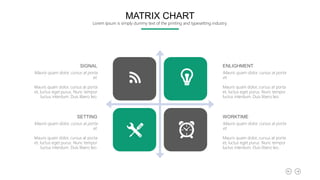 ENLIGHMENT
Mauris quam dolor, cursus at porta
et.
Mauris quam dolor, cursus at porta
et, luctus eget purus. Nunc tempor
luctus interdum. Duis libero leo.
WORKTIME
Mauris quam dolor, cursus at porta
et.
Mauris quam dolor, cursus at porta
et, luctus eget purus. Nunc tempor
luctus interdum. Duis libero leo.
SIGNAL
Mauris quam dolor, cursus at porta
et.
Mauris quam dolor, cursus at porta
et, luctus eget purus. Nunc tempor
luctus interdum. Duis libero leo.
SETTING
Mauris quam dolor, cursus at porta
et.
Mauris quam dolor, cursus at porta
et, luctus eget purus. Nunc tempor
luctus interdum. Duis libero leo.
MATRIX CHART
Lorem Ipsum is simply dummy text of the printing and typesetting industry.
 