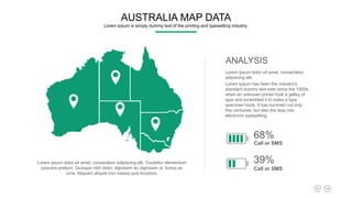 Lorem ipsum dolor sit amet, consectetur
adipiscing elit.
Lorem Ipsum has been the industry's
standard dummy text ever since the 1500s,
when an unknown printer took a galley of
type and scrambled it to make a type
specimen book. It has survived not only
five centuries, but also the leap into
electronic typesetting.
ANALYSIS
Lorem ipsum dolor sit amet, consectetur adipiscing elit. Curabitur elementum
posuere pretium. Quisque nibh dolor, dignissim ac dignissim ut, luctus ac
urna. Aliquam aliquet non massa quis tincidunt.
Call or SMS
68%
Call or SMS
39%
AUSTRALIA MAP DATA
Lorem Ipsum is simply dummy text of the printing and typesetting industry.
 