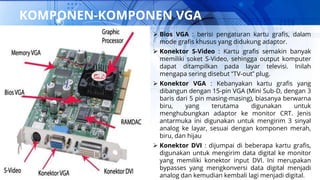 Bios VGA : berisi pengaturan kartu grafis, dalam
mode grafis khusus yang didukung adaptor.
 Konektor S-Video : Kartu grafis semakin banyak
memiliki soket S-Video, sehingga output komputer
dapat ditampilkan pada layar televisi. Inilah
mengapa sering disebut “TV-out” plug.
 Konektor VGA : Kebanyakan kartu grafis yang
dibangun dengan 15-pin VGA (Mini Sub-D, dengan 3
baris dari 5 pin masing-masing), biasanya berwarna
biru, yang terutama digunakan untuk
menghubungkan adaptor ke monitor CRT. Jenis
antarmuka ini digunakan untuk mengirim 3 sinyal
analog ke layar, sesuai dengan komponen merah,
biru, dan hijau
 Konektor DVI : dijumpai di beberapa kartu grafis,
digunakan untuk mengirim data digital ke monitor
yang memiliki konektor input DVI. Ini merupakan
bypasses yang mengkonversi data digital menjadi
analog dan kemudian kembali lagi menjadi digital.
KOMPONEN-KOMPONEN VGA
 