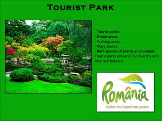 Tourist Park
- Tourist parks:
- Green areas;
- Walking areas;
- Playgrounds;
- Rare species of plants and animals.
Tourist parks preserve biodiversity and
local eco balance.
 