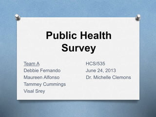 Public Health
Survey
Team A HCS/535
Debbie Fernando June 24, 2013
Maureen Alfonso Dr. Michelle Clemons
Tammey Cummings
Visal Srey
 