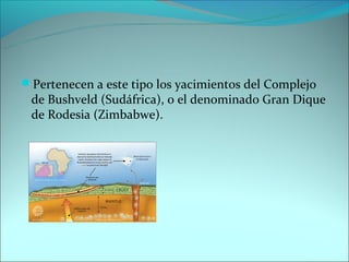 Pertenecen a este tipo los yacimientos del Complejo
 de Bushveld (Sudáfrica), o el denominado Gran Dique
 de Rodesia (Zimbabwe).
 