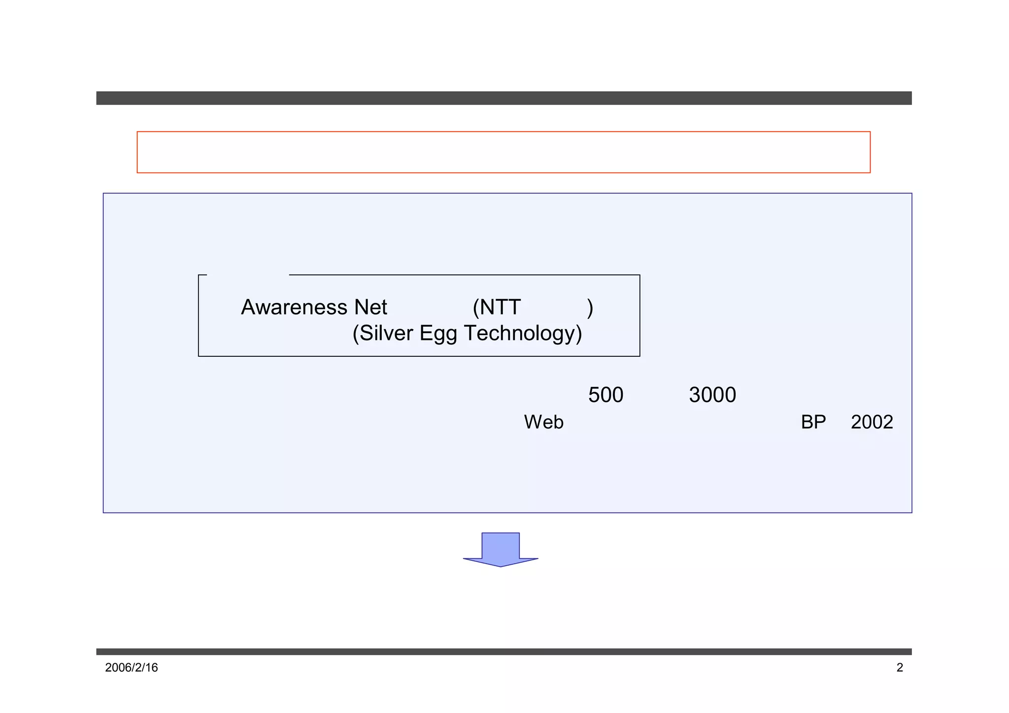 問題点

      お薦め機能を導入しているのは、大部分が大手商用サイトである


 ・ ベンダーの提供するシステムは、導入時の経済的コストが大きい
              代表例
               Awareness Net システム(NTT東日本)
               アイジェント (Silver Egg Technology)

            日本のベンダーによる一般的なサービス価格 500万円∼3000万円※
                                 ※出典： Webパーソナライゼーション 日経BP社 2002

 ・ フリーのお薦めエンジンを利用するためにはプログラミング技術が必要




        個人や中小企業のサイトではお薦め機能の導入が難しい
2006/2/16                         卒業論文発表会                         2
 