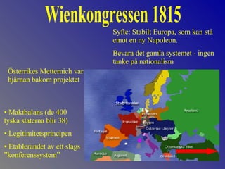 Wienkongressen 1815 Österrikes Metternich var hjärnan bakom projektet Syfte: Stabilt Europa, som kan stå emot en ny Napoleon. Bevara det gamla systemet - ingen tanke på nationalism ,[object Object],[object Object],[object Object]