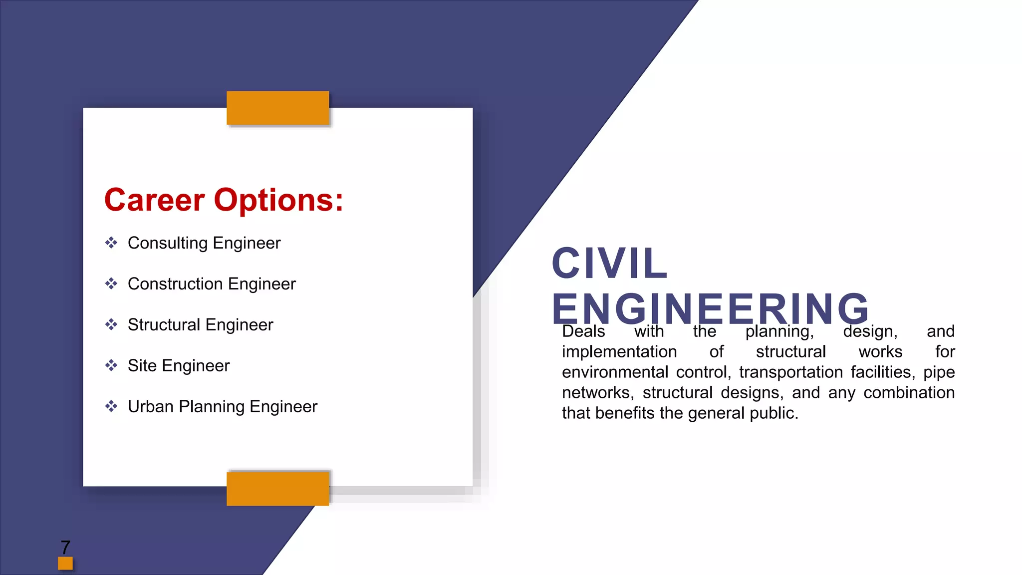 CIVIL
ENGINEERING
Career Options:
 Consulting Engineer
 Construction Engineer
 Structural Engineer
 Site Engineer
 Urban Planning Engineer
Deals with the planning, design, and
implementation of structural works for
environmental control, transportation facilities, pipe
networks, structural designs, and any combination
that benefits the general public.
7
 