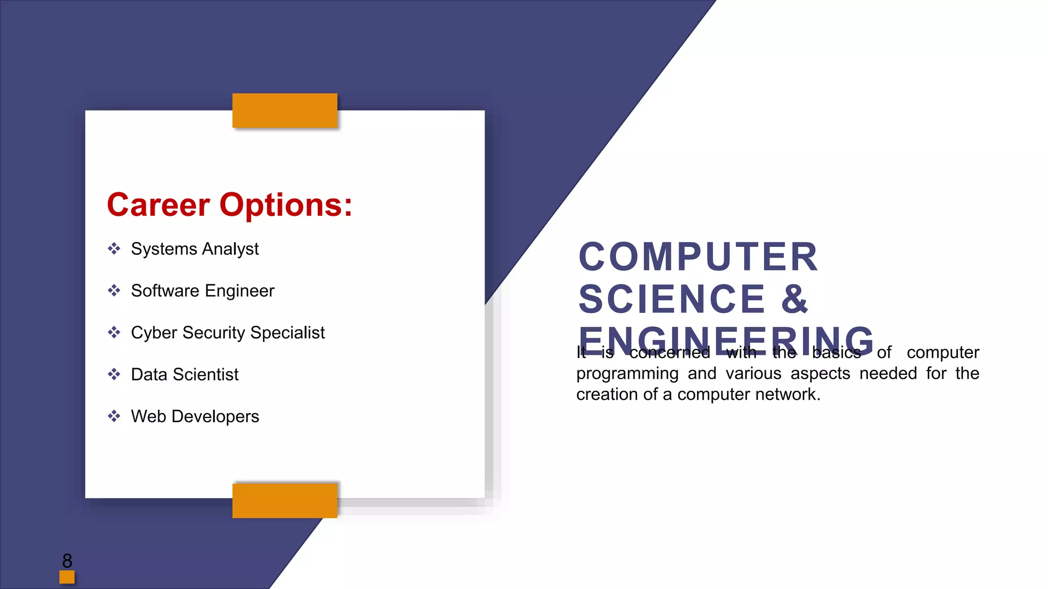 COMPUTER
SCIENCE &
ENGINEERING
Career Options:
 Systems Analyst
 Software Engineer
 Cyber Security Specialist
 Data Scientist
 Web Developers
It is concerned with the basics of computer
programming and various aspects needed for the
creation of a computer network.
8
 