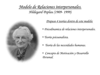Modelo de Relaciones interpersonales.Hildegard Peplau (1909- 1999) Propuso 4 teorías dentro de este modelo:  ,[object Object]