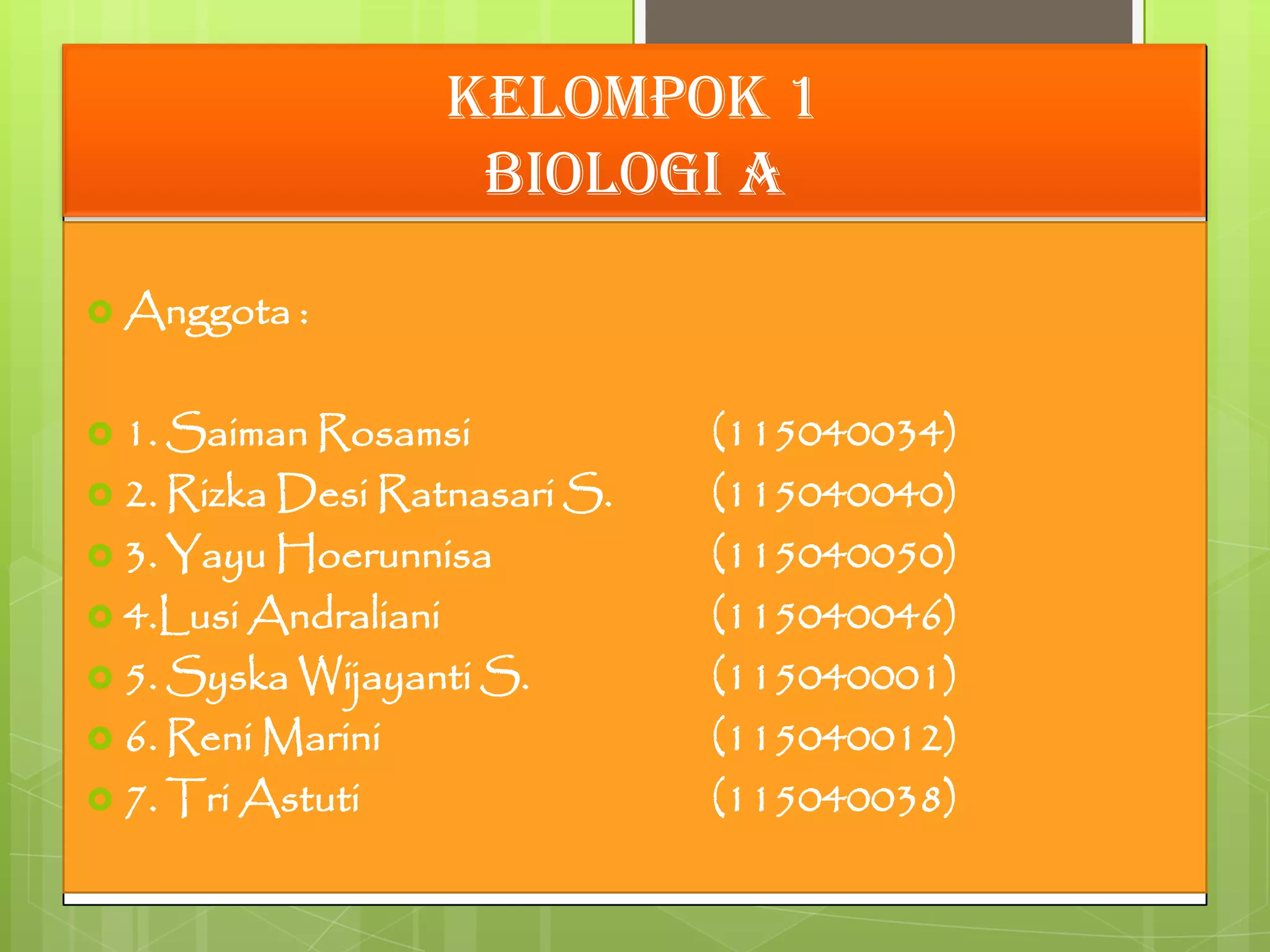Kelompok 1
                       biologi a

 Anggota :


 1. Saiman Rosamsi            (115040034)
 2. Rizka Desi Ratnasari S.   (115040040)
 3. Yayu Hoerunnisa           (115040050)
 4.Lusi Andraliani            (115040046)
 5. Syska Wijayanti S.        (115040001)
 6. Reni Marini               (115040012)
 7. Tri Astuti                (115040038)
 