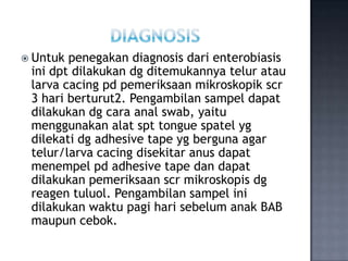  Untuk penegakan diagnosis dari enterobiasis
 ini dpt dilakukan dg ditemukannya telur atau
 larva cacing pd pemeriksaan m...