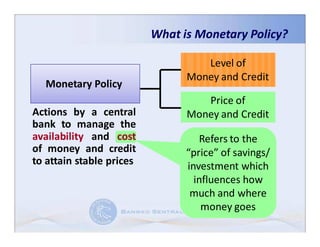 What is Monetary Policy?

                                   Level of
                                Money and Credit
  Monetary Policy
                                   Price of
Actions by a central            Money and Credit
bank to manage the
availability and cost              Refers to the
of money and credit             “price” of savings/
to attain stable prices         investment which
                                  influences how
                                 much and where
                                    money goes
 