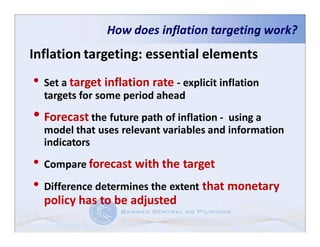 How does inflation targeting work?
Inflation targeting: essential elements
• Set a target inflation rate - explicit inflation
  targets for some period ahead
• Forecast the future path of inflation - using a
  model that uses relevant variables and information
  indicators
• Compare forecast with the target
• Difference determines the extent that monetary
  policy has to be adjusted
 