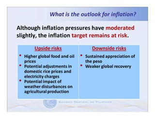 What is the outlook for inflation?

Although inflation pressures have moderated
slightly, the inflation target remains at risk.

         Upside risks                   Downside risks
•   Higher global food and oil   •   Sustained appreciation of
    prices                           the peso
•   Potential adjustments in     •   Weaker global recovery
    domestic rice prices and
    electricity charges
•   Potential impact of
    weather disturbances on
    agricultural production
 