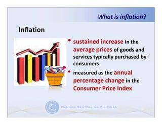 What is inflation?

Inflation
            • sustained increase in the
              average prices of goods and
              services typically purchased by
              consumers
            • measured as the annual
              percentage change in the
              Consumer Price Index
 
