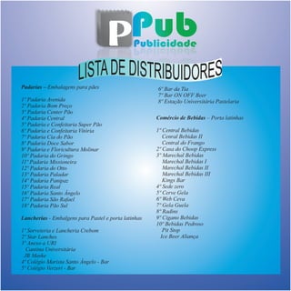 Padarias – Embalagens para pães
1º Padaria Avenida
2º Padaria Bom Preço
3º Padaria Center Pão
4º Padaria Central
5º Padaria e Confeitaria Super Pão
6º Padaria e Confeitaria Vitória
7º Padaria Cia do Pão
8º Padaria Doce Sabor
9º Padaria e Floricultura Molinar
10º Padaria do Gringo
11º Padaria Missioneira
12º Padaria do Otto
13º Padaria Paladar
14º Padaria Panipaz
15º Padaria Real
16º Padaria Santo Ângelo
17º Padaria São Rafael
18º Padaria Pão Sul
Lancherias - Embalgens para Pastel e porta latinhas
1º Sorveteria e Lancheria Crebom
2º Star Lanches
3º Anexo a URI
Cantina Universitária
JB Maske
4º Colégio Marista Santo Ângelo - Bar
5º Colégio Verzeri - Bar
Comércio de Bebidas – Porta latinhas
1º Central Bebidas
Cenral Bebidas II
Central do Frango
2º Casa do Choop Express
3º Marechal Bebidas
Marechal Bebidas I
Marechal Bebidas II
Marechal Bebidas III
Kings Bar
4º Sede zero
5º Cerve Gela
6º Web Ceva
7º Gela Guela
8º Radins
9º Cigano Bebidas
10º Bebidas Pedroso
Pit Stop
Ice Beer Aliança
6º Bar da Tia
7º Bar ON OFF Beer
8º Estação Universitária Pastelaria
 