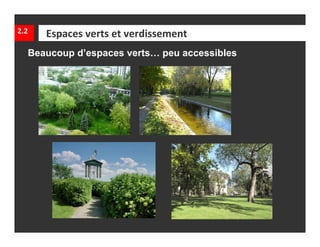2.2   Espaces verts et verdissement
  Beaucoup d’espaces verts… peu accessibles
 
