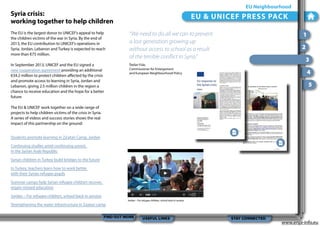EU Neighbourhood

Syria crisis:
working together to help children

EU & UNICEF PRESS PACK

The EU is the largest donor to UNICEF’s appeal to help
the children victims of the war in Syria. By the end of
2013, the EU contribution to UNICEF’s operations in
Syria, Jordan, Lebanon and Turkey is expected to reach
more than €75 million.

“We need to do all we can to prevent
a lost generation growing up
without access to school as a result
of the terrible conflict in Syria.”

In September 2013, UNICEF and the EU signed a
new cooperation agreement providing an additional
€34.2 million to protect children affected by the crisis
and promote access to learning in Syria, Jordan and
Lebanon, giving 2.5 million children in the region a
chance to receive education and the hope for a better
future.

Štefan Füle,
Commissioner for Enlargement
and European Neighbourhood Policy

1
2
3
4
5

The EU & UNICEF work together on a wide range of
projects to help children victims of the crisis in Syria.
A series of videos and success stories shows the real
impact of this partnership on the ground:
Students promote learning in Za’atari Camp, Jordan
Continuing studies amid continuing unrest,
in the Syrian Arab Republic
Syrian children in Turkey build bridges to the future
In Turkey, teachers learn how to work better
with their Syrian refugee pupils
Summer camps help Syrian refugee children recover,
regain missed education
Jordan – For refugee children, school back in session
Strengthening the water infrastructure in Zaatari camp

Jordan – For refugee children, school back in session

FIND OUT MORE

USEFUL LINKS

STAY CONNECTED

www.enpi-info.eu

 