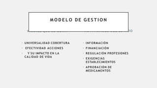 VALORES QU E LO G U I A N
• UNIVERSALIDAD COBERTURA
• EFECTIVIDAD ACCIONES
• Y SU IMPACTO EN LA
CALIDAD DE VIDA
ACTIVIDADES DEL ESTADO
• INFORMACIÓN
• FINANCIACIÓN
• REGULACIÓN PROFESIONES
• EXIGENCIAS
ESTABLECIMIENTOS
• APROBACIÓN DE
MEDICAMENTOS
M O D E L O DE G E S T I O N
 