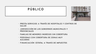 P Ú B L I C O
• PRESTA SERVICIOS A TRAVÉS DE HOSPITALES Y CENTROS DE
SALUD
• JURISDICCIÓN DE LOS GOBIERNOS MUNICIPALES Y
PROVINCIALES
• FAMILIAS DE MENORES INGRESOS SIN COBERTURA
• PERSONAS C O N COBERTURA DE ZONAS MUY
ALEJADAS
• FINANCIACIÓN ESTATAL A TRAVES DE IMPUESTOS
 