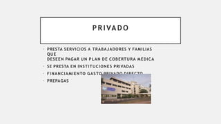 PRIVADO
• PRESTA SERVICIOS A TRABAJADORES Y FAMILIAS
QUE
DESEEN PAGAR U N PLAN DE COBERTURA MEDICA
• SE PRESTA EN INSTITUCIONES PRIVADAS
• FINANCIAMIENTO GASTO PRIVADO DIRECTO
• PREPAGAS
 
