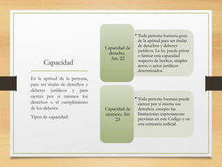 Capacidad
• Toda persona humana goza
de la aptitud para ser titular
de derechos y deberes
jurídicos. La ley puede privar
o limitar esta capacidad
respecto de hechos, simples
actos, o actos jurídicos
determinados.
Capacidad de
derecho.
Art. 22
• Toda persona humana puede
ejercer por sí misma sus
derechos, excepto las
limitaciones expresamente
previstas en este Código y en
una sentencia judicial.
Capacidad de
ejercicio. Art
23
Es la aptitud de la persona,
para ser titular de derechos y
deberes jurídicos y para
ejercer por si mismos los
derechos o el cumplimiento
de los deberes.
Tipos de capacidad:
 