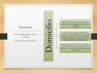 Domicilio
Domicilio
Real (art. 73)La persona humana tiene
domicilio real en el lugar de su residencia
habitual
Legal (art 74). es el lugar donde la ley
presume, sin admitir prueba en contra, que
una persona reside de manera permanente
para el ejercicio de sus derechos y el
cumplimiento de sus obligaciones.
Domicilio especial (art. 75). Las partes de un
contrato pueden elegir un domicilio para el
ejercicio de los derechos y obligaciones que de
él emanan.
Es el asiento jurídico de una
persona.
Es legal. Necesario. Único.
 