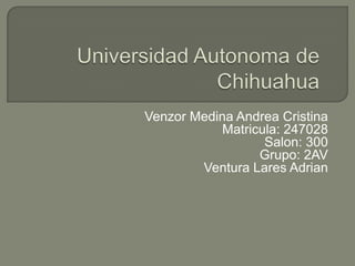 Venzor Medina Andrea Cristina
            Matricula: 247028
                   Salon: 300
                  Grupo: 2AV
        Ventura Lares Adrian
 