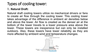 Types of cooling tower:
1. Natural Draft:
Natural draft cooling towers utilize no mechanical drivers or fans
to create air flow through the cooling tower. This cooling tower
takes advantage of the difference in ambient air densities below
and above the tower. Air flow is created as the denser air at the
bottom of the tower travels to a lower pressure area above the
tower. These towers are inexpensive but can only be installed
outdoors. Also, these towers have lower reliability as they are
more affected by ambient wind and temperature changes.
 