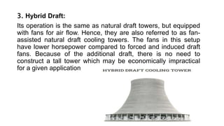 3. Hybrid Draft:
Its operation is the same as natural draft towers, but equipped
with fans for air flow. Hence, they are also referred to as fan-
assisted natural draft cooling towers. The fans in this setup
have lower horsepower compared to forced and induced draft
fans. Because of the additional draft, there is no need to
construct a tall tower which may be economically impractical
for a given application
 