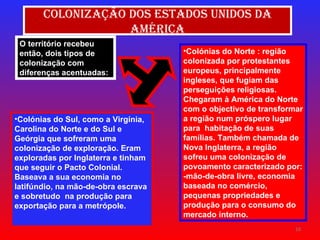 Colonização dos Estados Unidos da América O território recebeu  então, dois tipos de colonização com diferenças acentuadas: Colónias do Norte : região colonizada por protestantes europeus, principalmente ingleses, que fugiam das perseguições religiosas. Chegaram à América do Norte com o objectivo de transformar a região num próspero lugar para  habitação de suas famílias. Também chamada de Nova Inglaterra, a região sofreu uma colonização de povoamento caracterizado por: -mão-de-obra livre, economia baseada no comércio, pequenas propriedades e produção para o consumo do mercado interno. Colónias do Sul, como a Virgínia, Carolina do Norte e do Sul e Geórgia que sofreram uma colonização de exploração. Eram exploradas por Inglaterra e tinham que seguir o Pacto Colonial. Baseava a sua economia no latifúndio, na mão-de-obra escrava e sobretudo  na produção para exportação para a metrópole.  