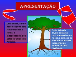 Apresentação Cada folha da árvore contará o nascimento de uma nação, a primeira da História a tornar-se independente através de uma revolução. Uma árvore, será o nosso suporte para tentar mostrar à turma  a Independência dos Estados Unidos da América. 