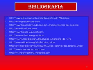 Bibliografia http://www.educacao.uol.com.br/biografias/ult1789u3.jhtm http://www.grupoescolar.com http://www.historiadomundo.com.br/.../independencia-dos-eua.htm http://www.historianet.com. http://www.historia-U.S.A.net.com. http://www.whitehouse.gov/about http://www.wikipedia.org/.../Revolução_Americana_de_1776 http://www.wikipedia.org/wiki/Estados_Unidos http://pt.wikipedia.org/wiki/Per%C3%ADodo_colonial_dos_Estados_Unidos http://www.mundoeducacao.com. http://www.portugal1143.wordpress.com 